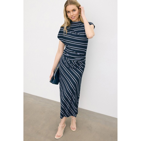 Reiss Dresses & Skirts - Reiss Dillion Blue Striped Ruched Draped Maxi Long Dress XL Sleeveless Sheath
